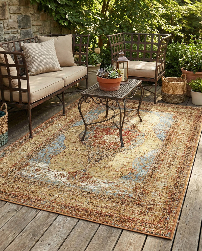 Patio Heritage Collection Area Rug -  Pergola Rectangle Blue and Light Brown  lifestyle 3