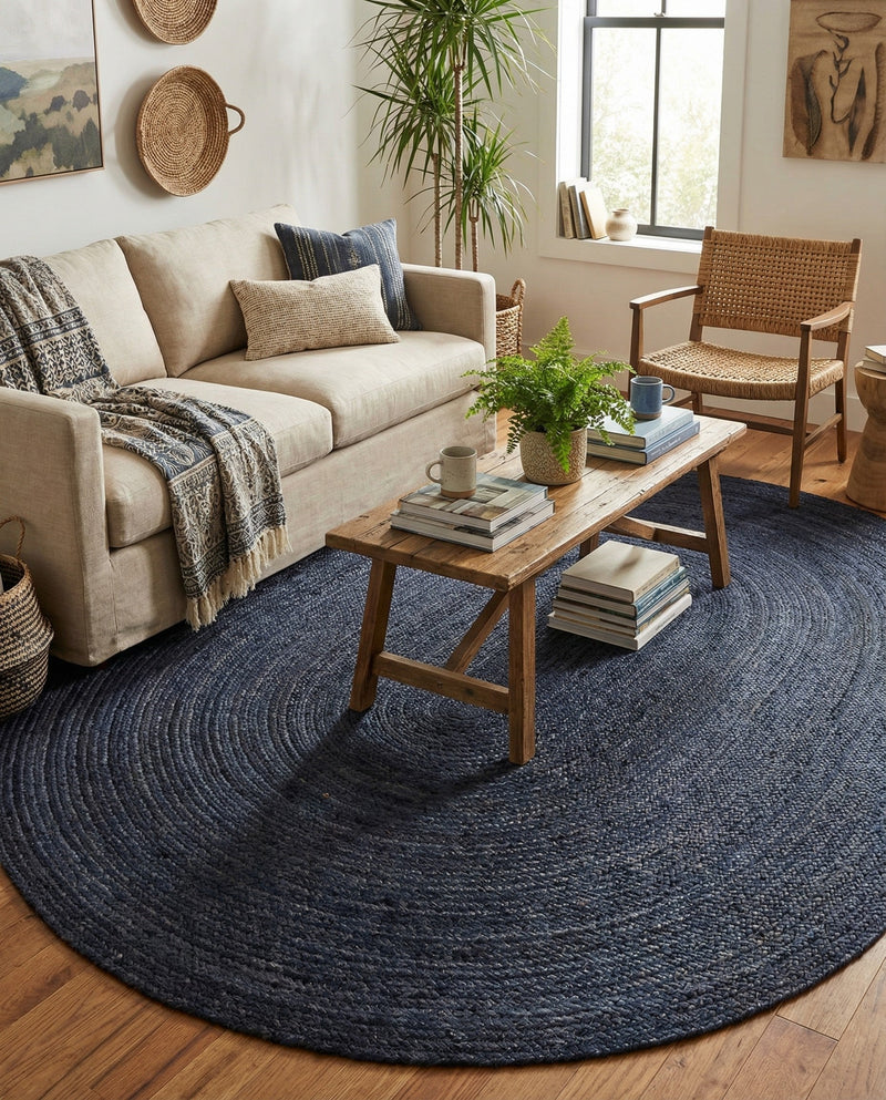Woven Seaside Jute Collection Area Rug - Savannah (Navy Blue) Oval Navy Blue  lifestyle 50