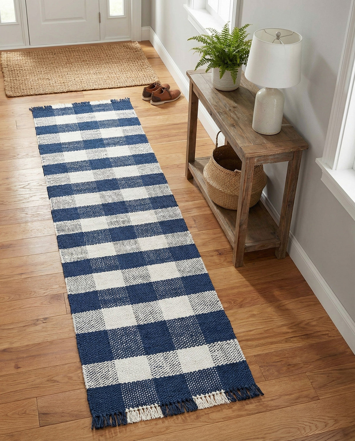 Sustainable Grid Indoor-Outdoor Oasis Collection Area Rug - Savannah Runner Navy Blue  lifestyle 117