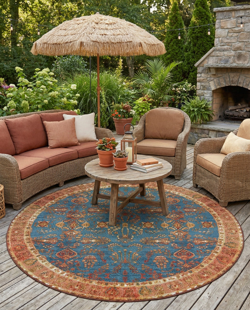 Patio Heritage Collection Area Rug -  Pavilion Round Navy Blue  lifestyle 76