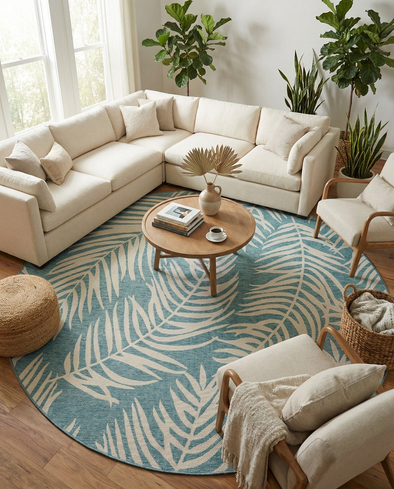 Seaside Blooms Collection Area Rug - Verdure (Light Aqua) Round Light Aqua  lifestyle 20