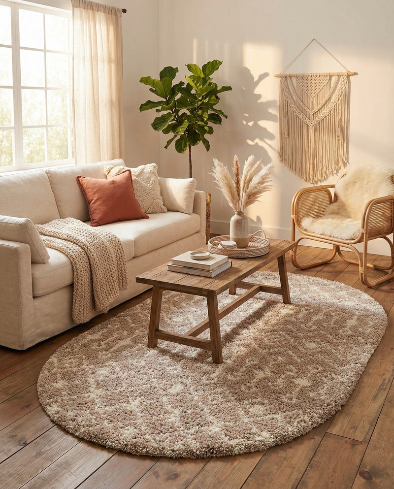 Berber Lattice Shag Collection Area Rug - Atlas (Light Brown) Oval Light Brown  lifestyle 22