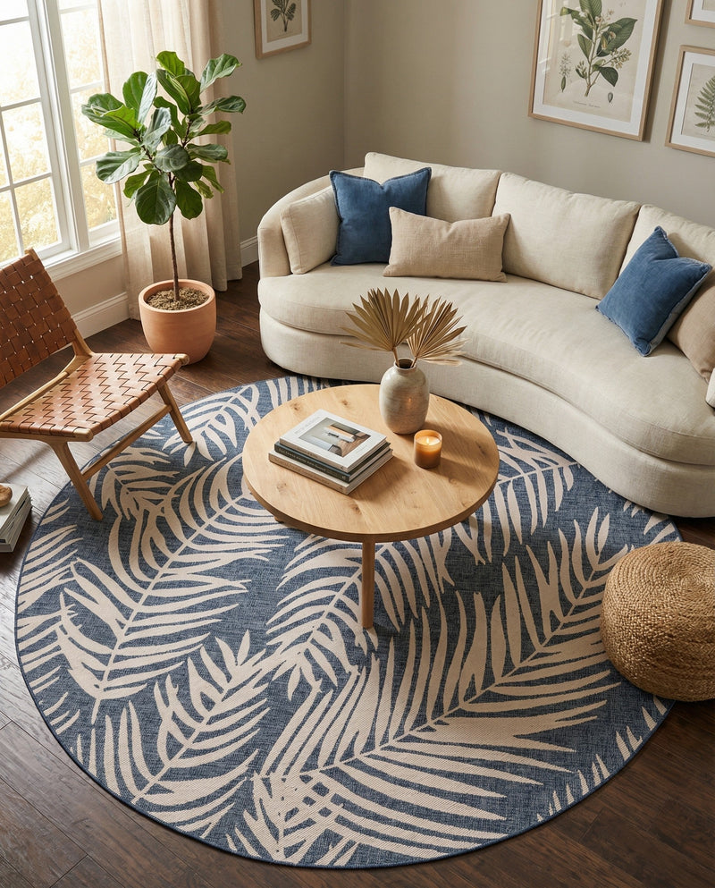 Seaside Blooms Collection Area Rug - Verdure (Blue) Round Blue  lifestyle 55