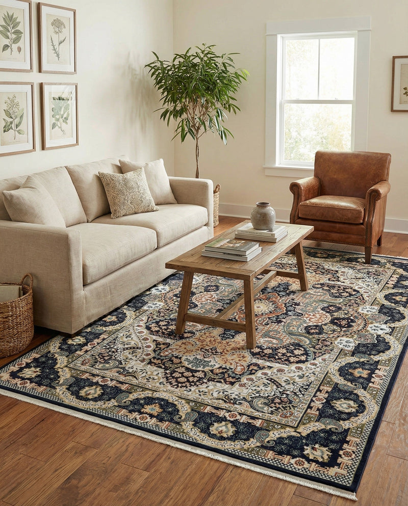 Persian Elegance Collection Area Rug -  Shiraz Rectangle Navy Blue  lifestyle 27