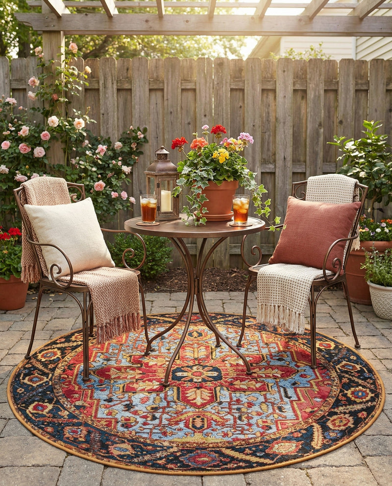 Patio Heritage Collection Area Rug -  Garden Round Rust Red and Blue  lifestyle 78