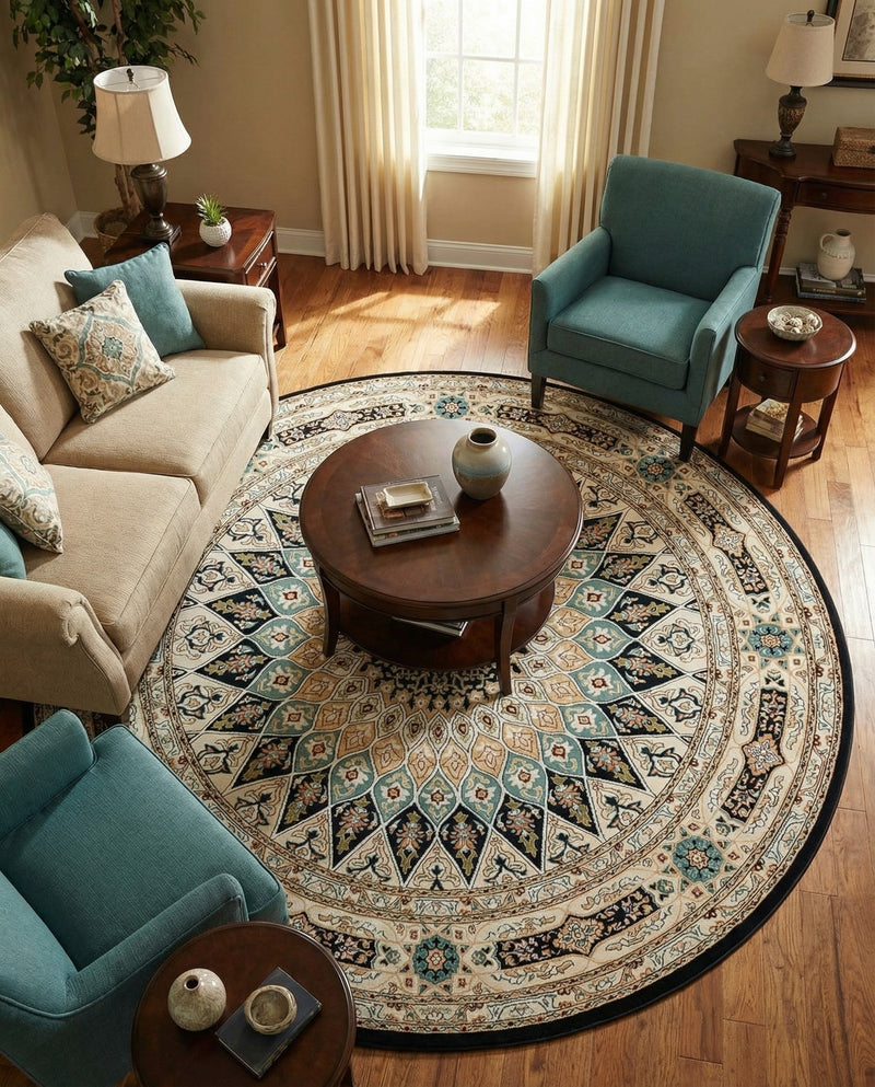 Persian Elegance Collection Area Rug -  Hamedan (Navy Blue) Round Navy Blue  lifestyle 73