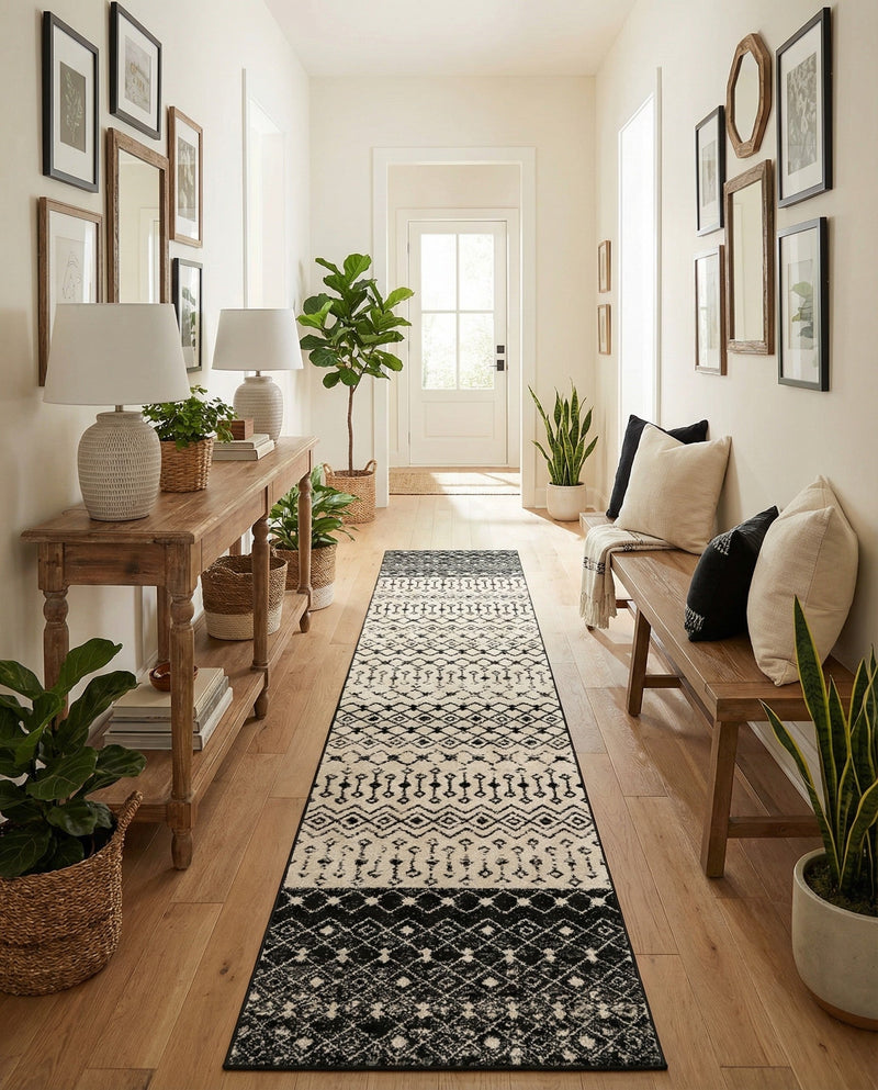 Mediterranean Lattice Collection Area Rug -  Casablanca (Black and White) Runner Black and White  lifestyle 54