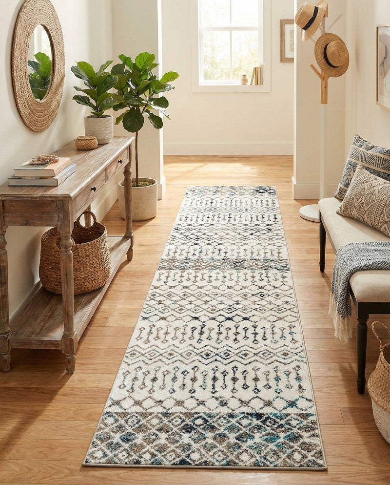 Mediterranean Lattice Collection Area Rug -  Casablanca (Ivory Gray Blue) Runner Ivory Gray Blue  lifestyle 66