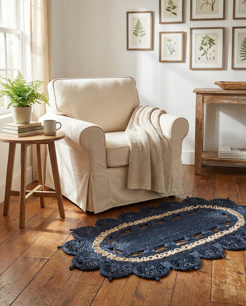 Woven Seaside Jute Collection Area Rug - Coastalhaven (Navy Blue and White) Oval Navy Blue and White  lifestyle 10