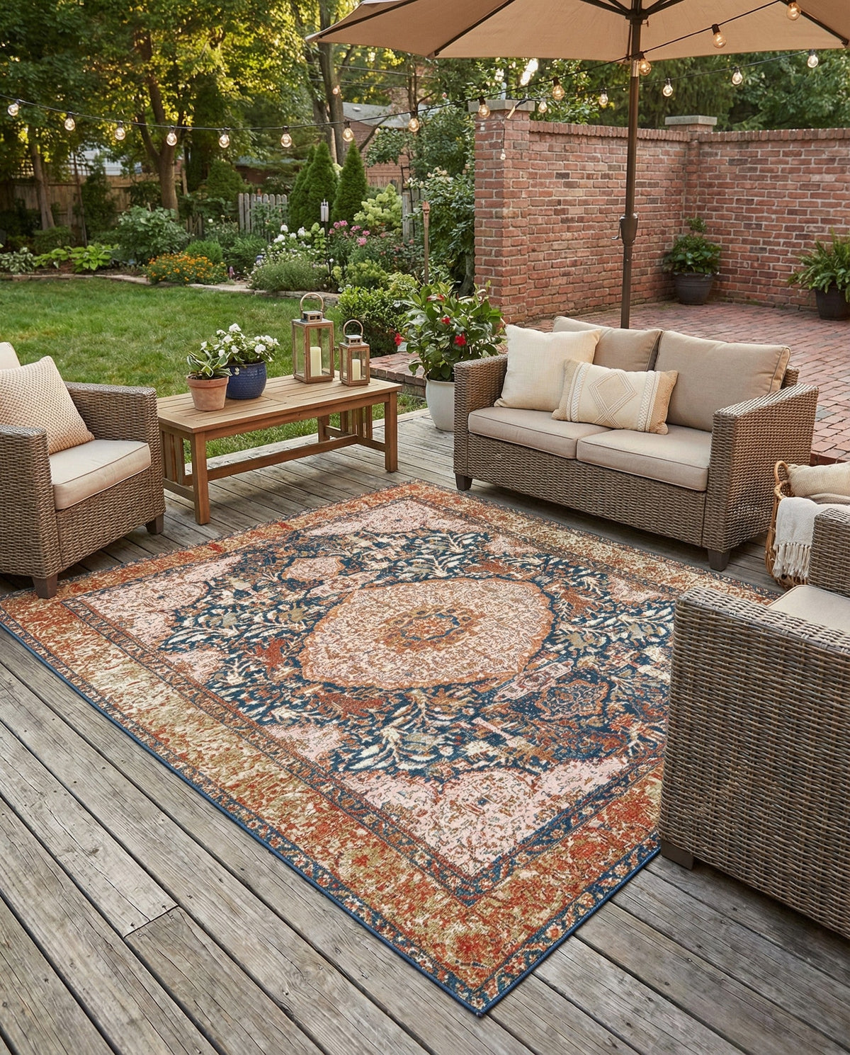 Patio Heritage Collection Area Rug -  Courtyard Square Navy Blue and Light Pink  lifestyle 107