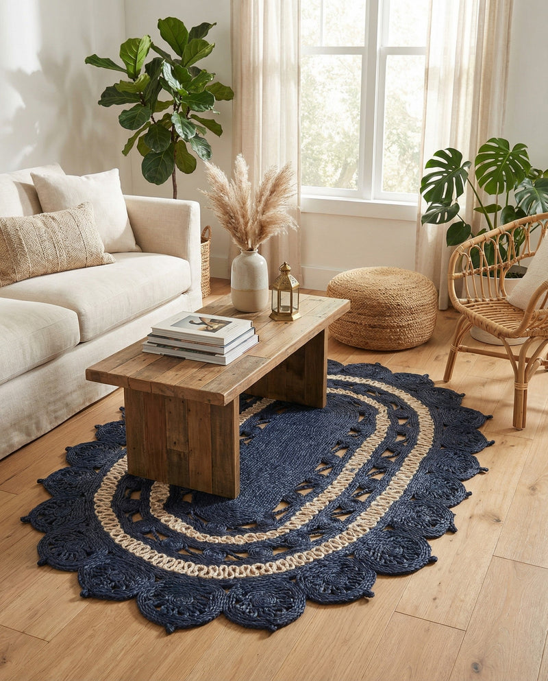 Woven Seaside Jute Collection Area Rug - Coastalhaven (Navy Blue and White) Oval Navy Blue and White  lifestyle 20