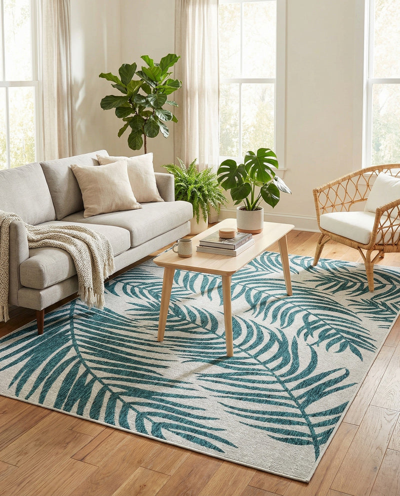 Seaside Blooms Collection Area Rug - Verdure (Teal Ivory) Rectangle Teal Ivory  lifestyle 10