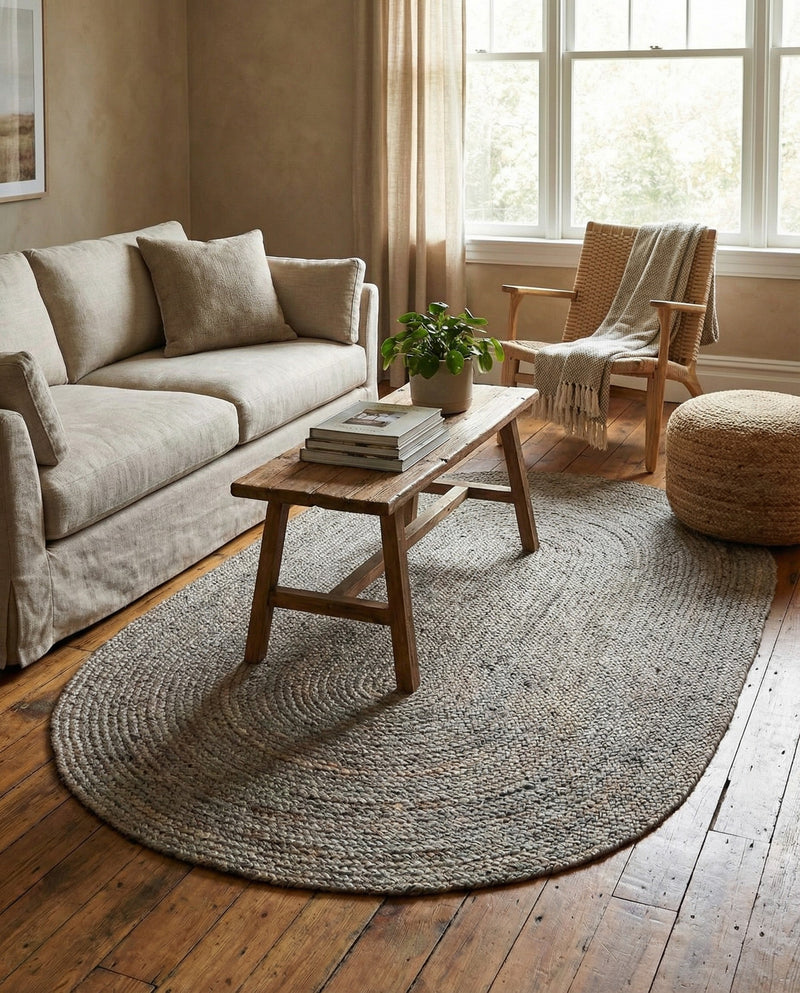 Woven Seaside Jute Collection Area Rug - Savannah (Gray) Oval Gray  lifestyle 80