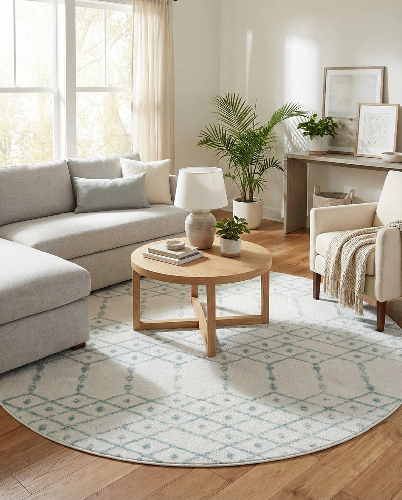 Marrakesh Lattice Collection Area Rug - Casablanca (Ivory Aqua) Round Ivory Aqua  lifestyle 65
