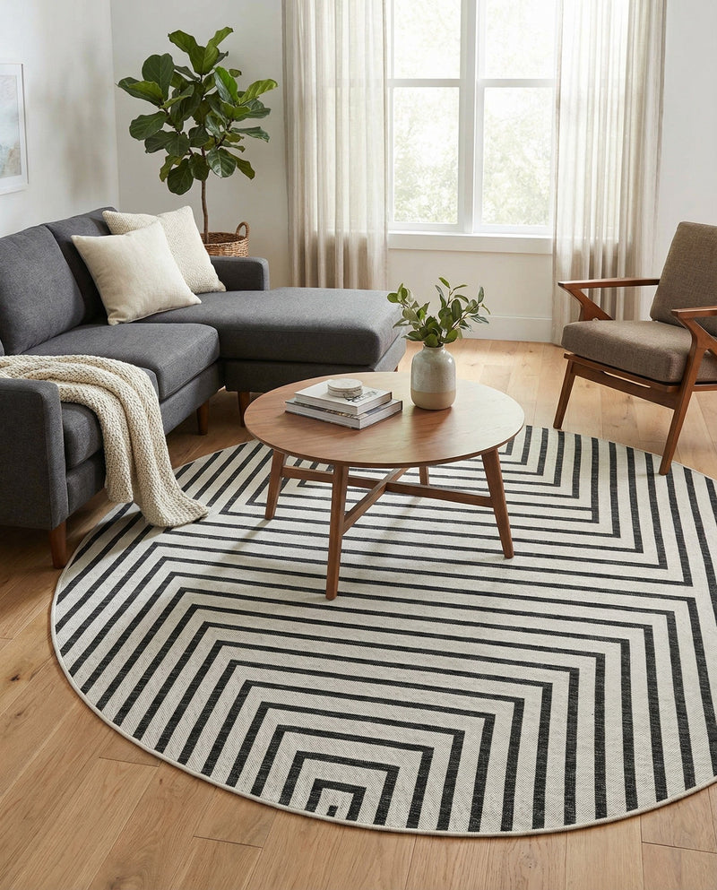 Urban Terrace Collection Area Rug -  Astoria (White and Black) Round White and Black  lifestyle 55