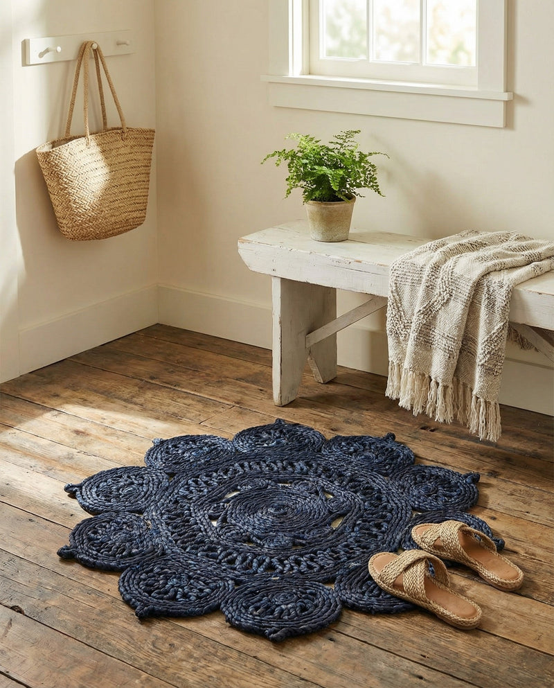 Woven Seaside Jute Collection Area Rug - Coastalhaven (Navy Blue) Round Navy Blue  lifestyle 9