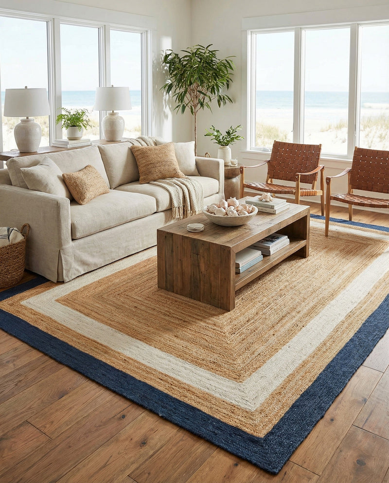 Woven Seaside Jute Collection Area Rug - Nantucket Rectangle Navy Blue White Natural  lifestyle 30