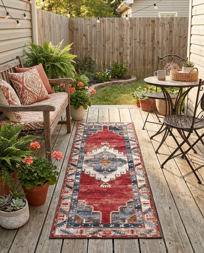 Patio Heritage Collection Area Rug -  Alcove Runner Red and Navy Blue  lifestyle 80