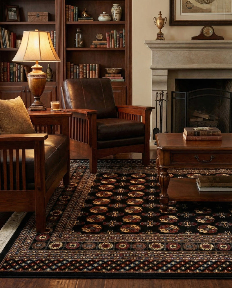 Samarkand Elegance Collection Area Rug -  Margilan (Black) Square Black  lifestyle 63