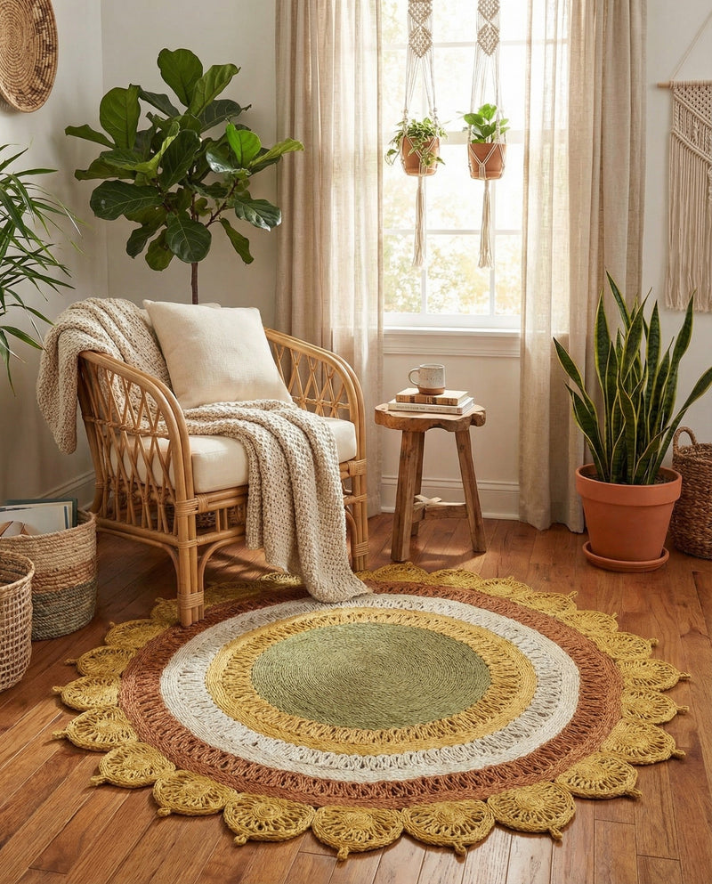 Woven Seaside Jute Collection Area Rug - Coastalhaven (Sunflower Yellow) Round Sunflower Yellow  lifestyle 5