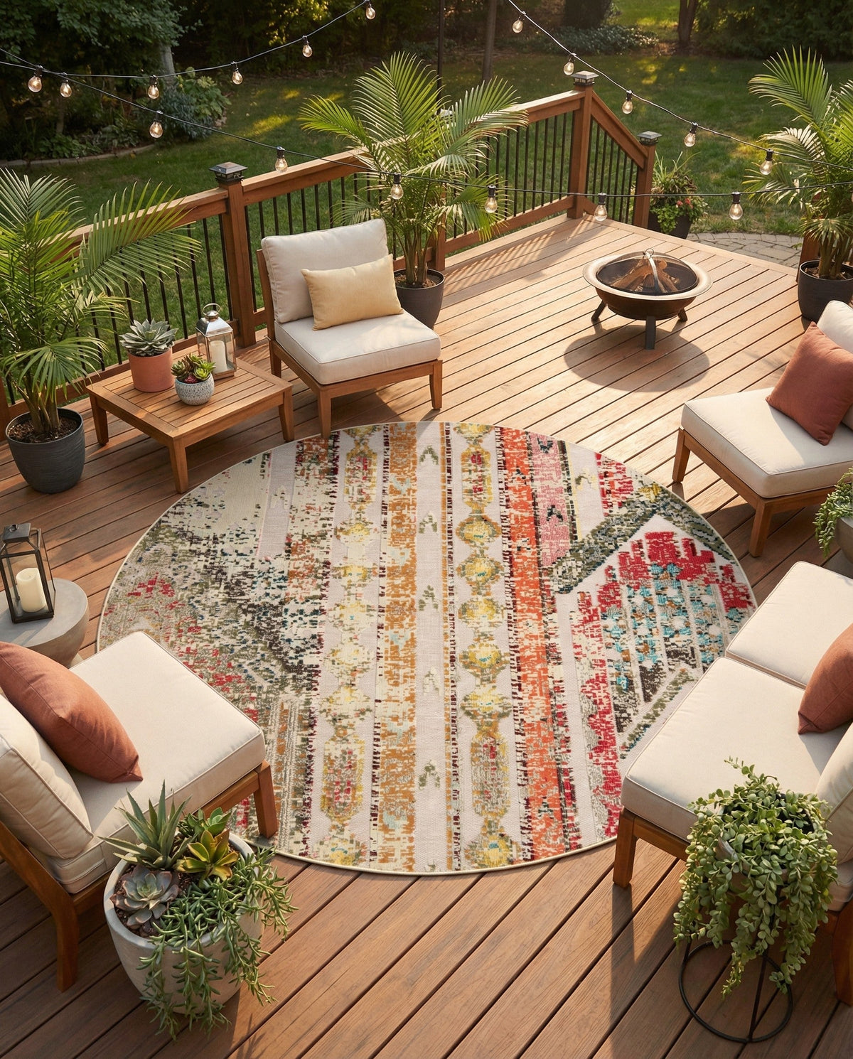 Outdoor Marrakesh Collection Area Rug -  Agadir Round Multi Beige  lifestyle 130