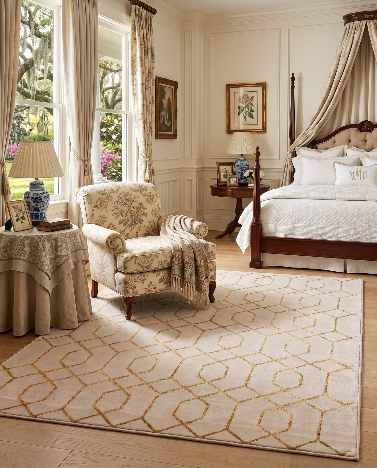 Hollywood Luxe Collection Area Rug - Sunset Rectangle White and Gold  lifestyle 39