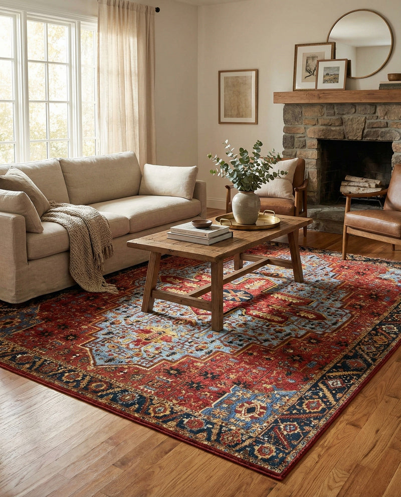 Patio Heritage Collection Area Rug -  Garden Rectangle Rust Red and Blue  lifestyle 35