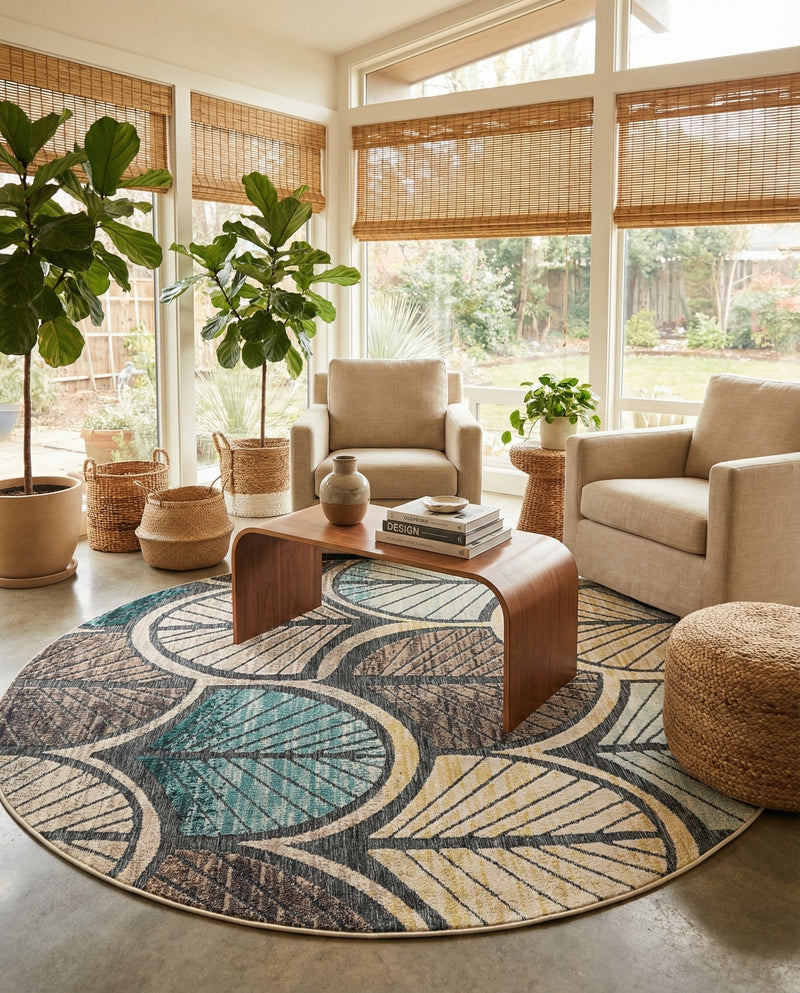Outdoor Marrakesh Collection Area Rug -  Rabat Round Gray Blue Ivory  lifestyle 51