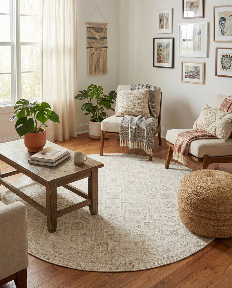 Tribal Terrace Treasures Collection Area Rug - Mayan Marina (Light Gray) Round Light Gray  lifestyle 25