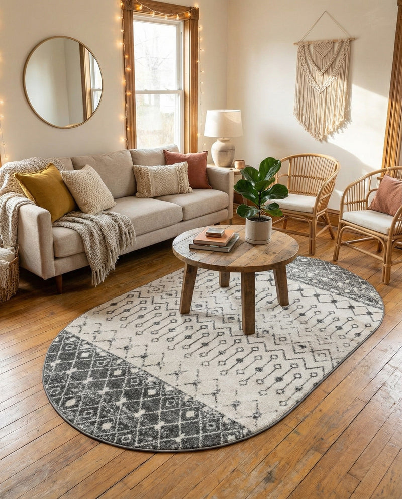 Mediterranean Lattice Collection Area Rug -  Casablanca (Ivory and Gray) Oval Ivory and Gray  lifestyle 29