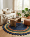Woven Seaside Jute Collection Area Rug - Coastalhaven (Navy Blue Yellow Green) Round Navy Blue Yellow Green  lifestyle 19