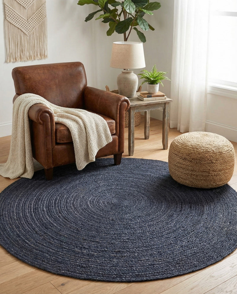 Woven Seaside Jute Collection Area Rug - Savannah (Navy Blue) Round Navy Blue  lifestyle 51