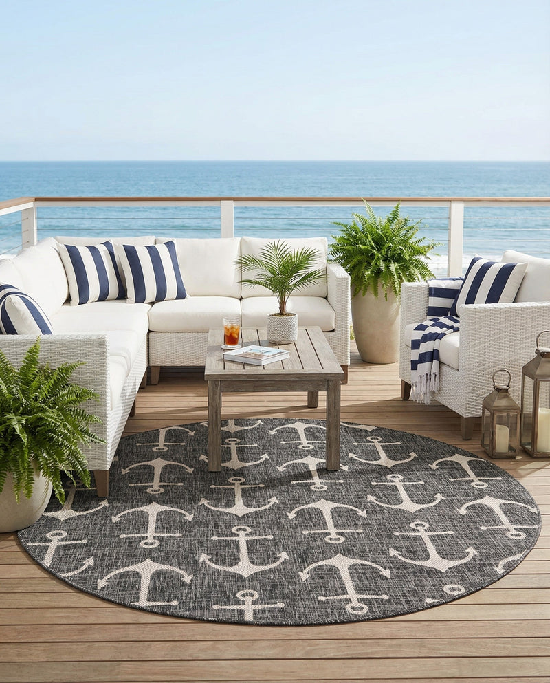 Seaside Haven Rugs Collection Area Rug - Sapphire (Charcoal) Round Charcoal  lifestyle 28