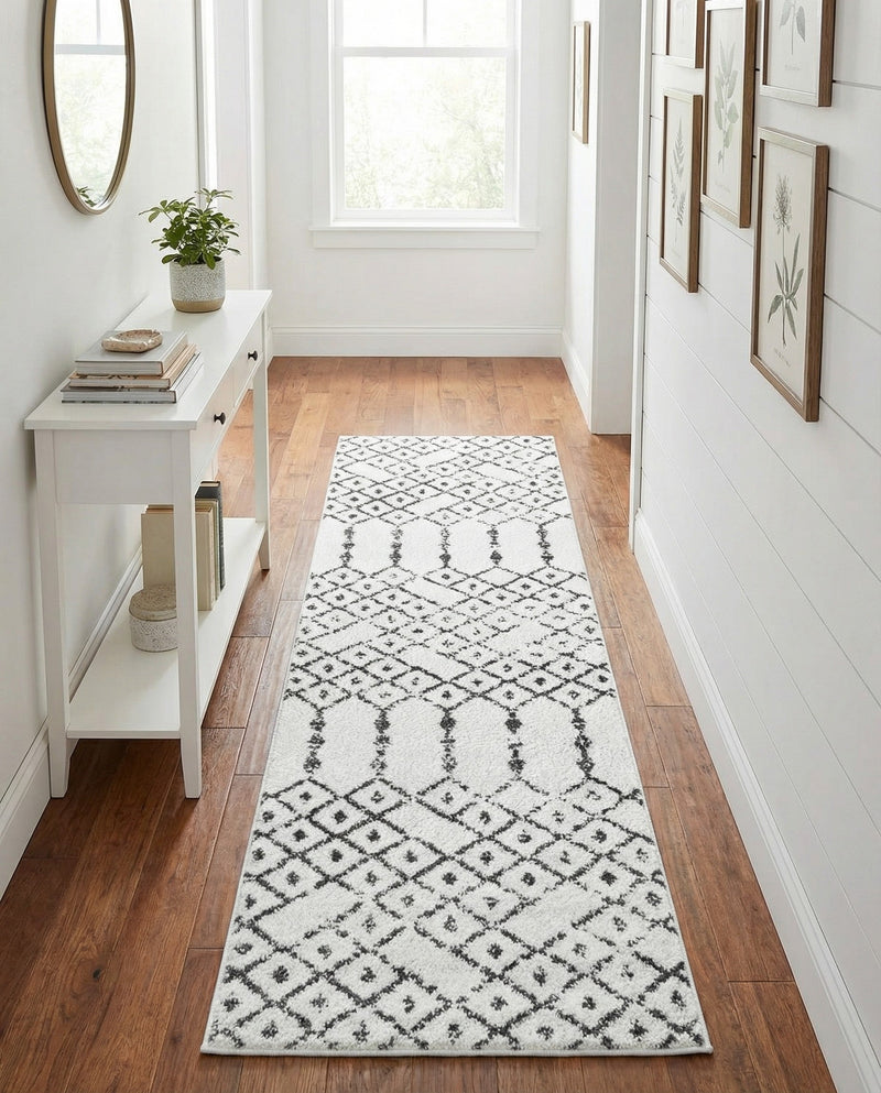 Marrakesh Lattice Collection Area Rug - Casablanca (Ivory Black) Runner Ivory Black  lifestyle 68