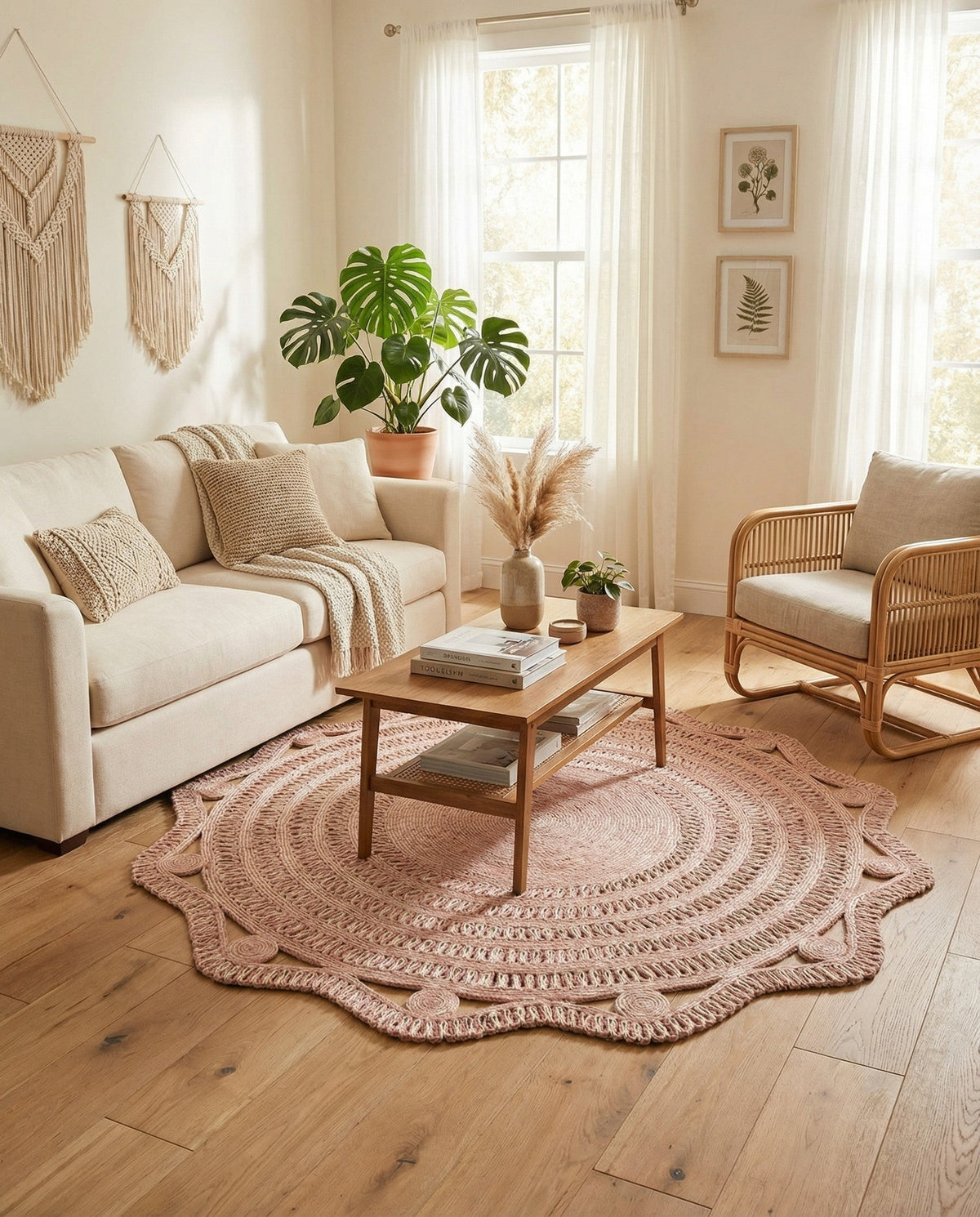 Woven Seaside Jute Collection Area Rug - Nantucket Round Pink and White  lifestyle 89
