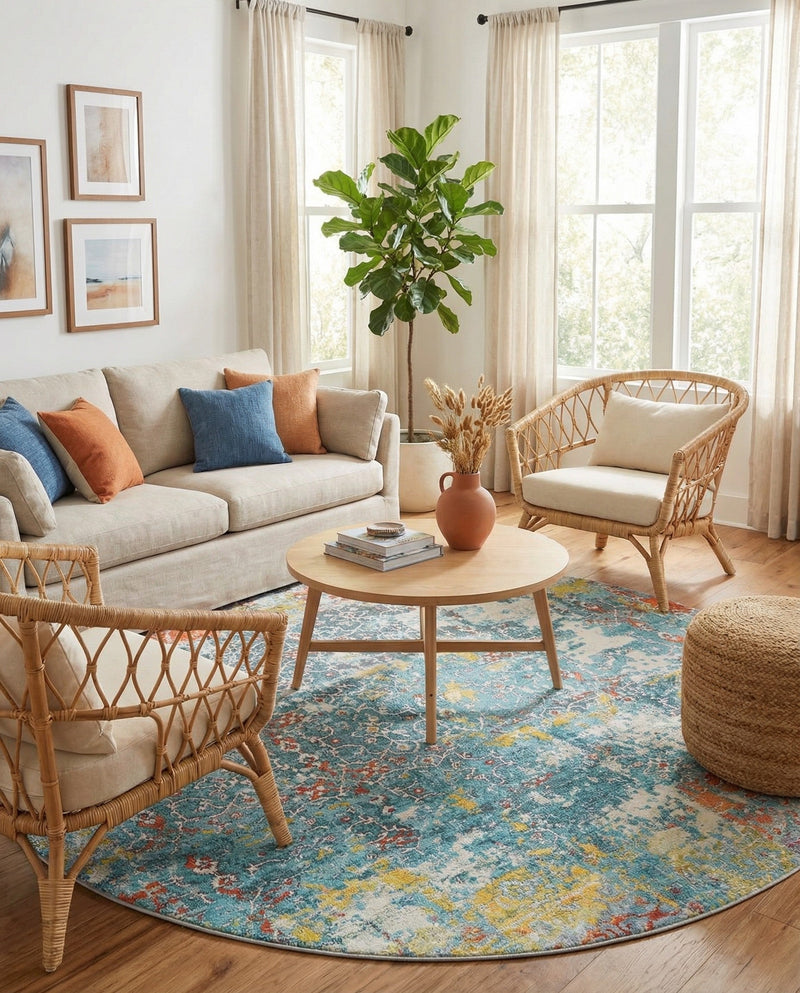 Caribbean Breeze Collection Area Rug -  Quantic Round Blue  lifestyle 34