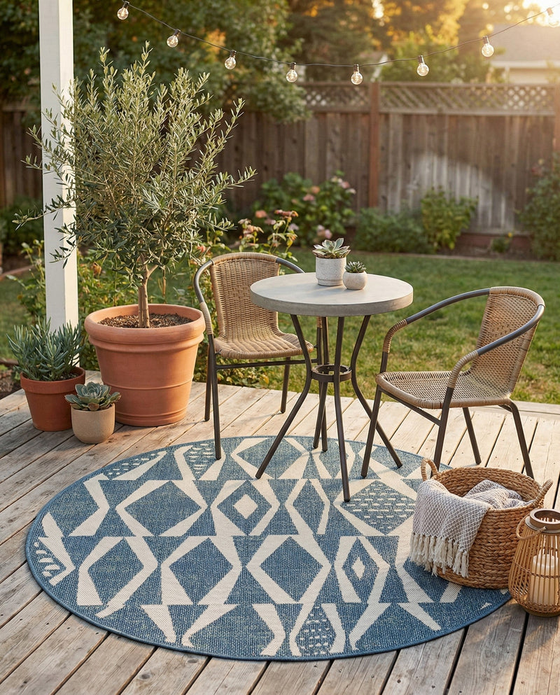Coastal Terrace Collection Area Rug -  Tidepool Round Blue  lifestyle 56