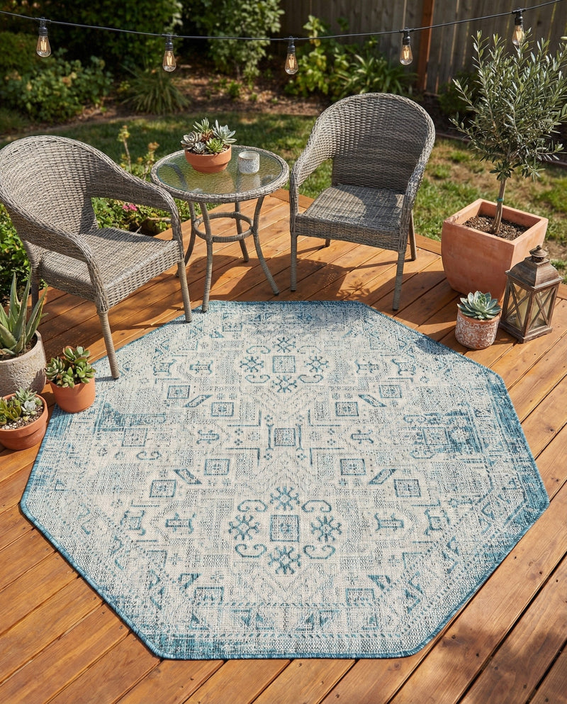 Tribal Terrace Treasures Collection Area Rug - Mayan Marina (Teal) Octagon Teal  lifestyle 77