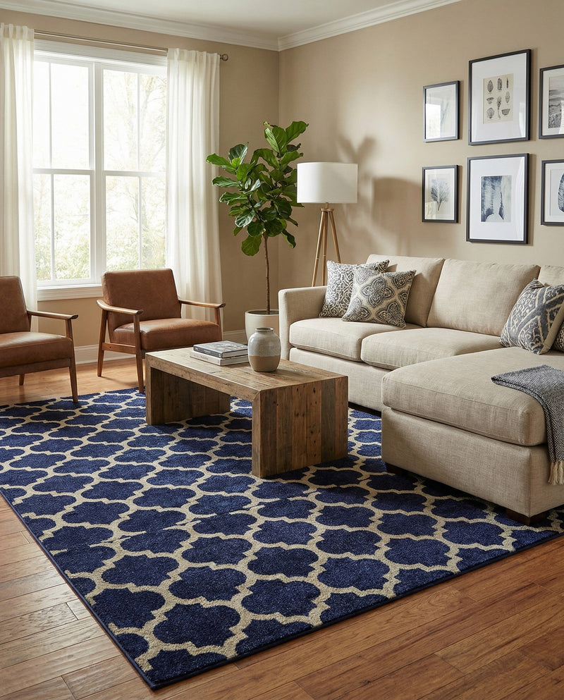 Lattice Gardens Collection Area Rug -  Bloomfield (Dark Blue) Rectangle Dark Blue  lifestyle 24