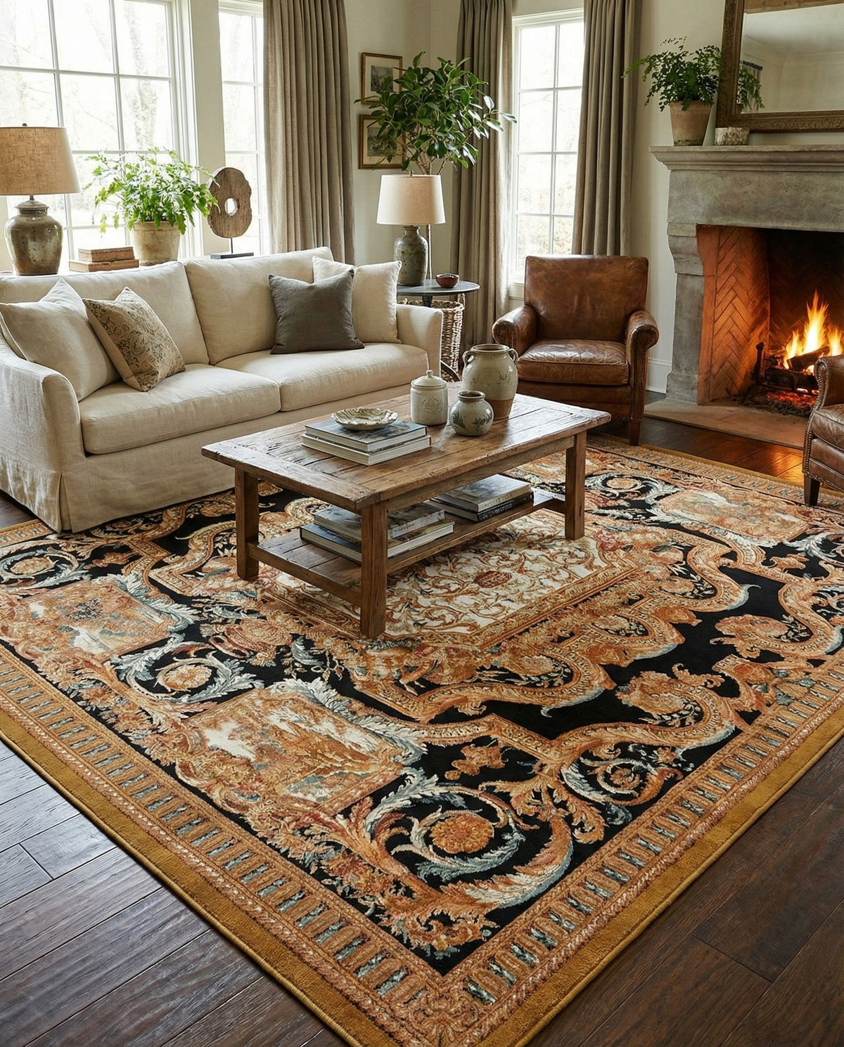 Patio Heritage Collection Area Rug - Veranda Square Black Gold Brown  lifestyle 65