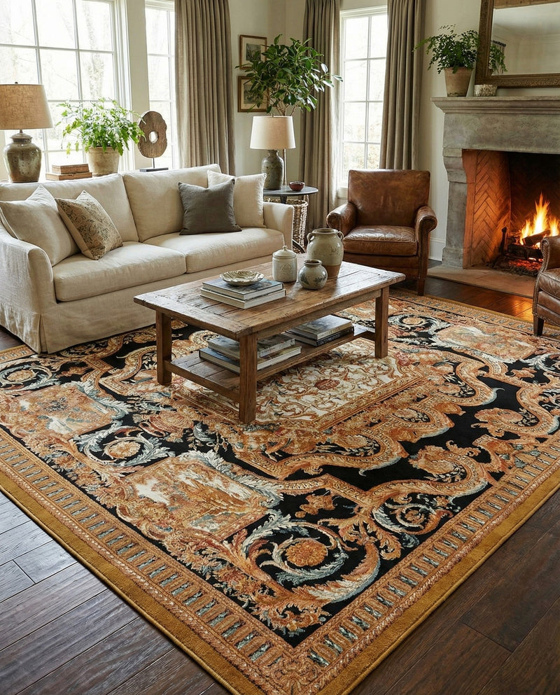Patio Heritage Collection Area Rug - Veranda Square Black Gold Brown  lifestyle 65