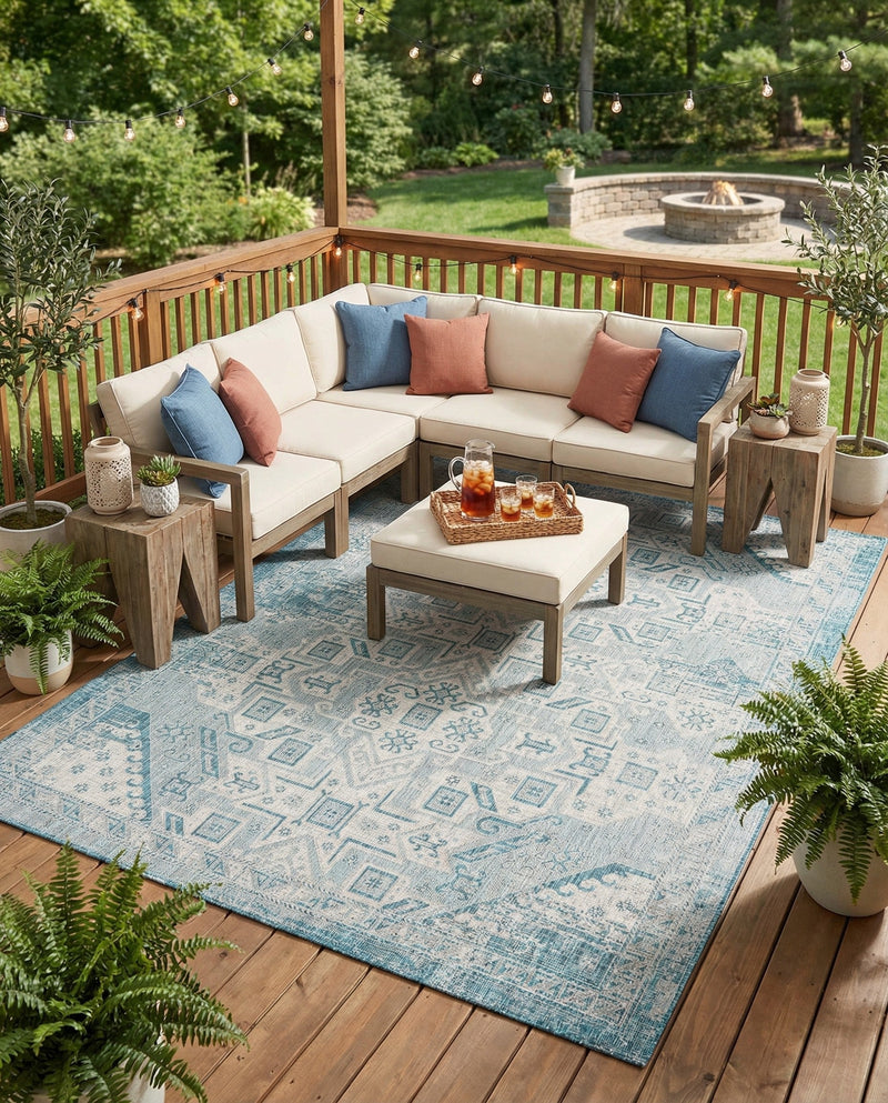 Tribal Terrace Treasures Collection Area Rug - Mayan Marina (Teal) Rectangle Teal  lifestyle 7