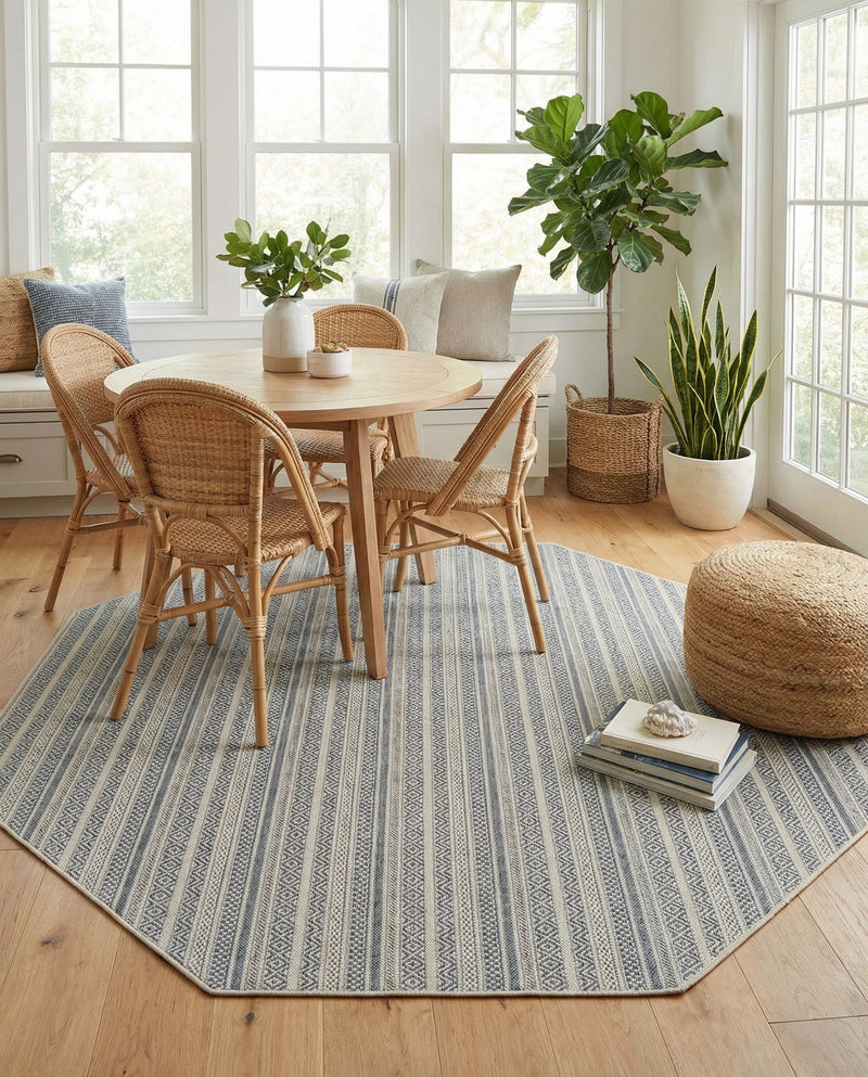 Seaside Stripes Collection Area Rug -  Boardwalk (Light Blue) Octagon Light Blue  lifestyle 36