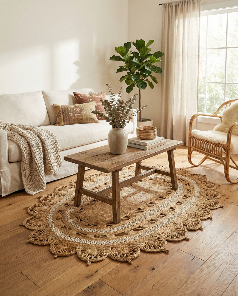 Woven Seaside Jute Collection Area Rug - Coastalhaven (Natural and White) Oval Natural and White  lifestyle 9