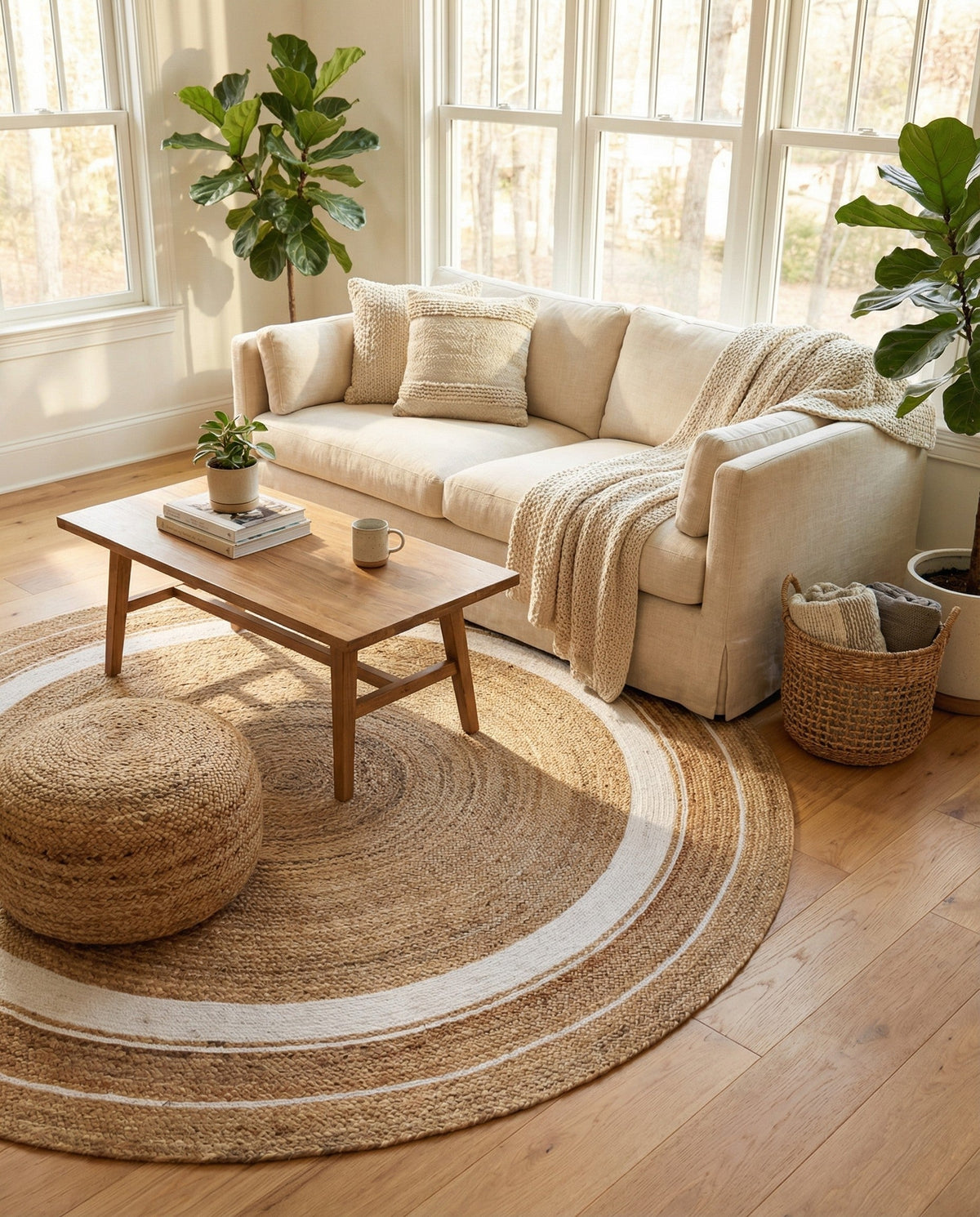 Woven Seaside Jute Collection Area Rug - Nantucket Round Natural and White  lifestyle 100