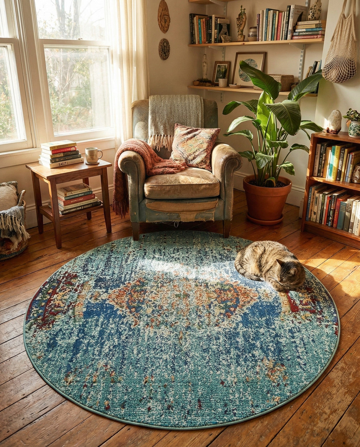Venetian Tapestry Collection Area Rug -  Giudecca Round Turquoise  lifestyle 86