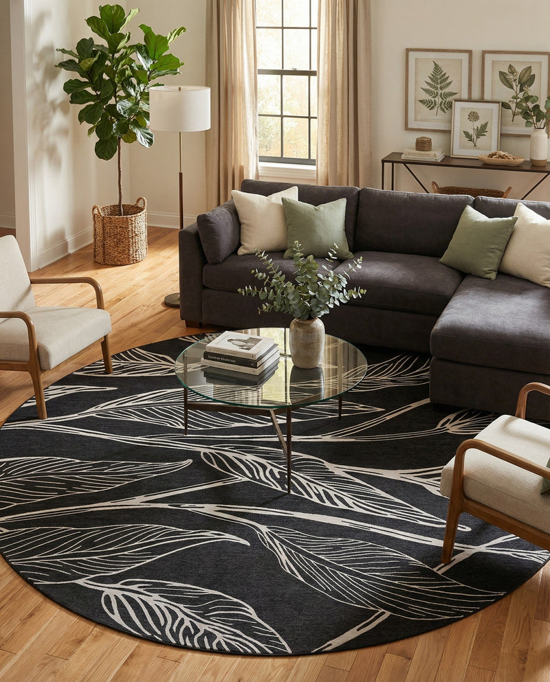 Seaside Blooms Collection Area Rug -  Evergreen (Ivory Charcoal) Round Ivory Charcoal  lifestyle 36