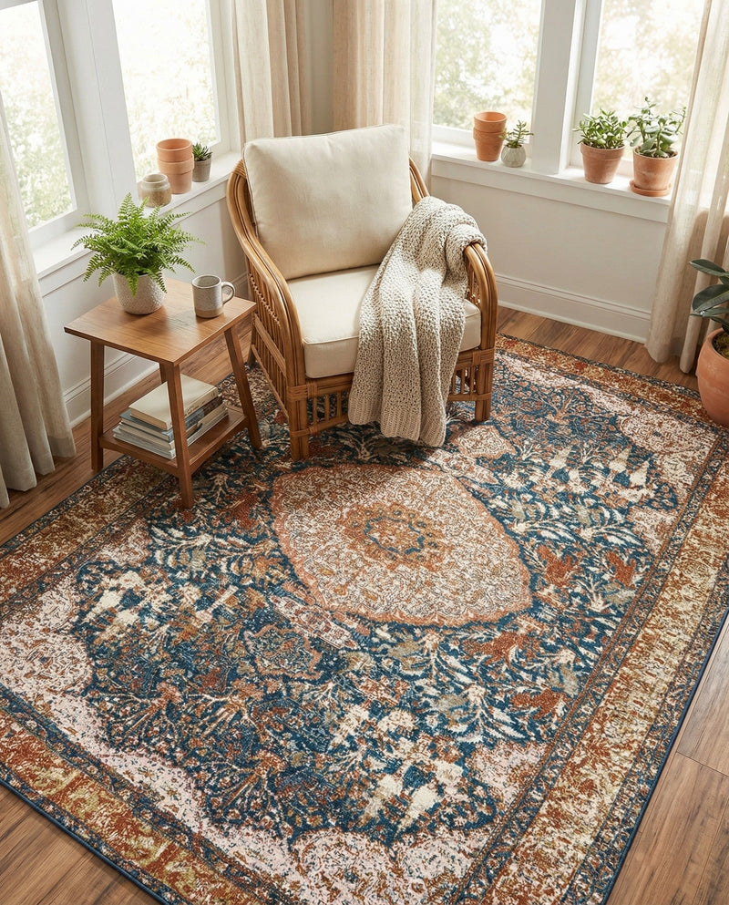 Patio Heritage Collection Area Rug -  Courtyard Rectangle Navy Blue and Light Pink  lifestyle 22