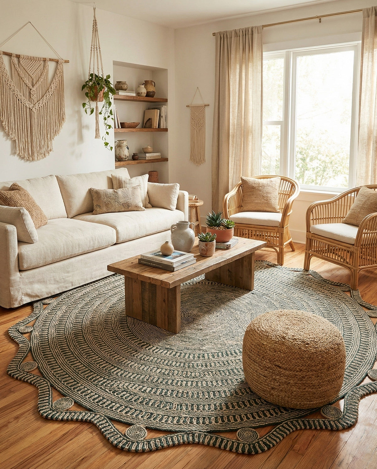 Woven Seaside Jute Collection Area Rug - Nantucket Round Green and White  lifestyle 17