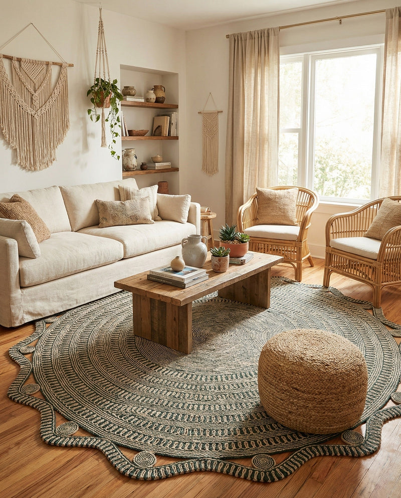 Woven Seaside Jute Collection Area Rug - Nantucket Round Green and White  lifestyle 17